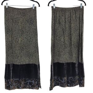 Vintage Citron Maxi Skirt M Black Green Floral Burnout Silk Velour Hem Side Slit